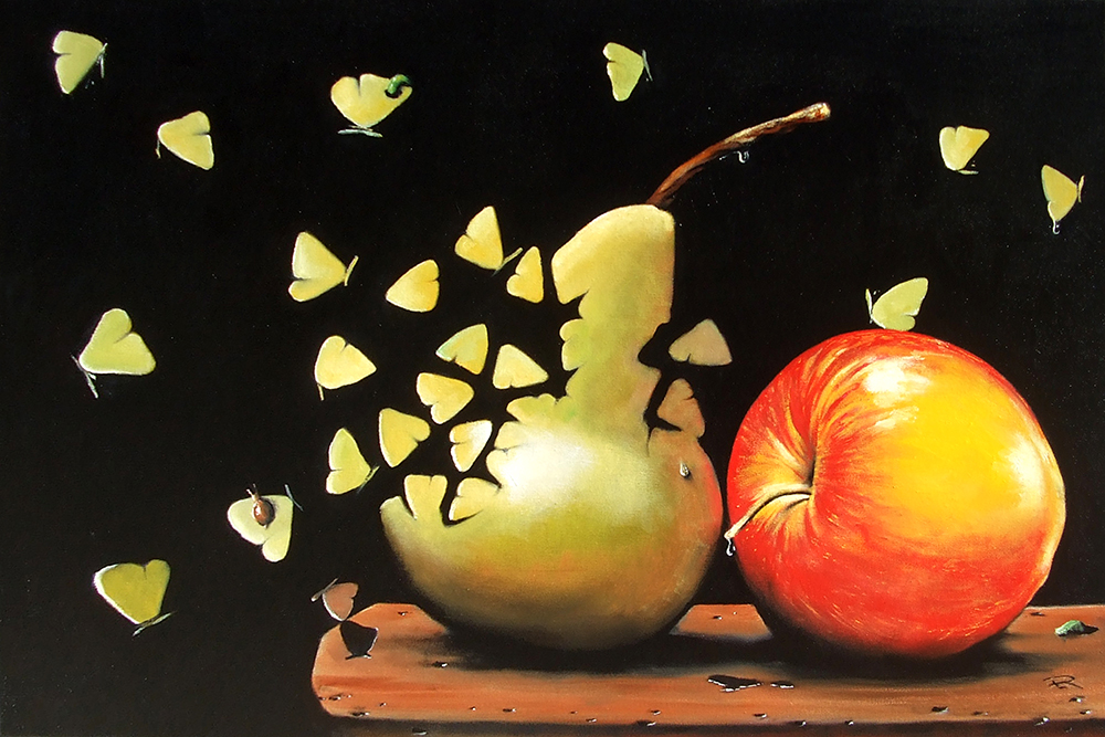 'Breaking Up The Pear' Todd Loyal Rose 2024 oil on canvas 24x36in.
